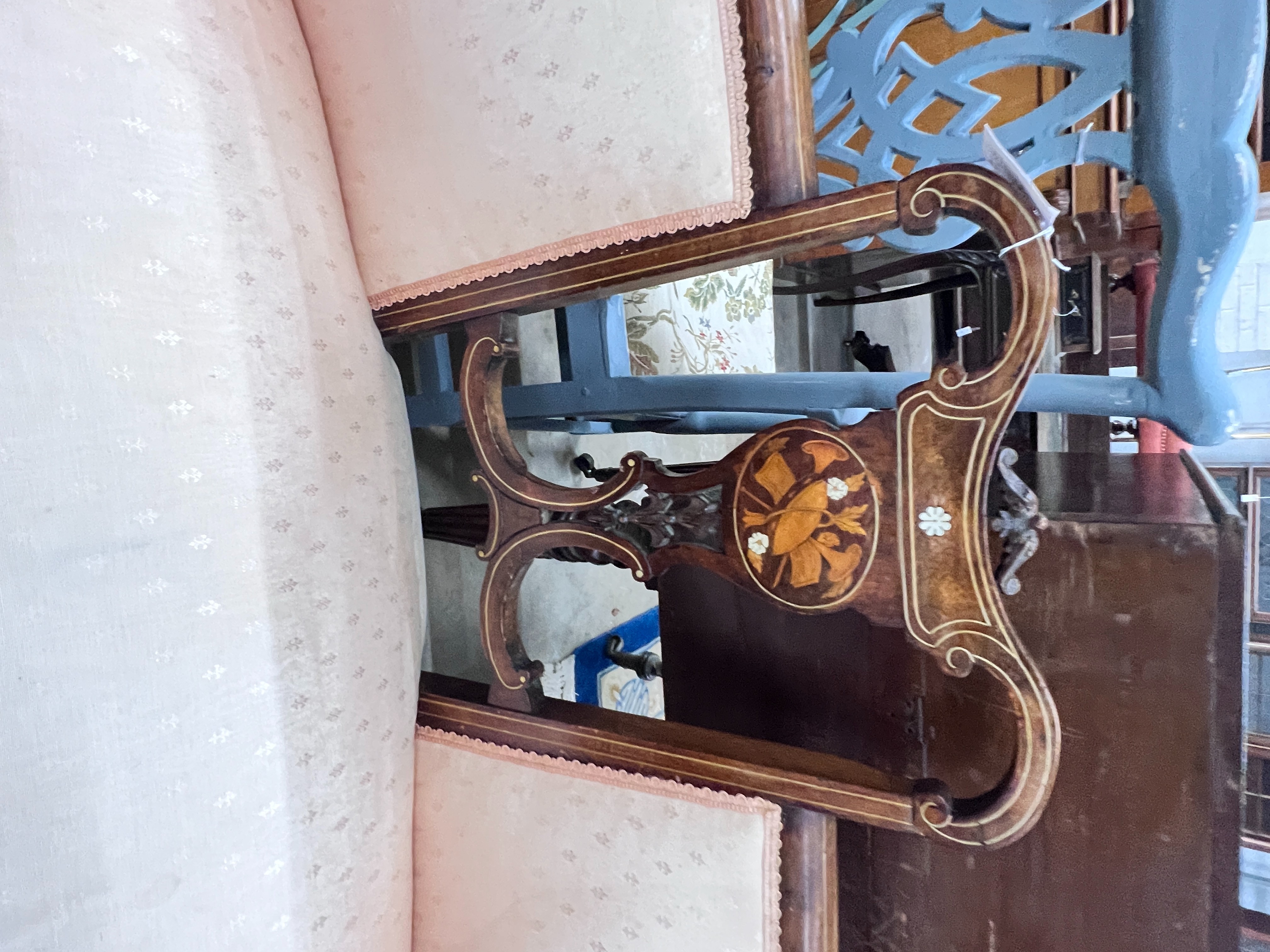 An Edwardian inlaid mahogany three piece salon suite, settee length 129cm, depth 60cm, height 89cm